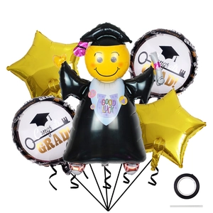 Macro view of 5-piece graduation foil balloon set with Congrats Grad and Good Luck prints