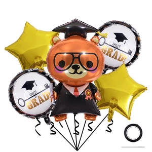 5-piece graduation balloon set featuring a brown bear in cap and Congrats Grad design