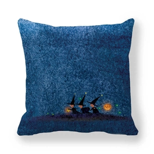 Blue Halloween peach skin pillowcase featuring three witches with lanterns and pumpkins