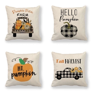 Lot de 4 housses de coussin en lin d'automne avec motifs de citrouilles et textes