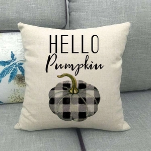Housse de coussin moderne d'Halloween en lin avec texte Hello Pumpkin et citrouille