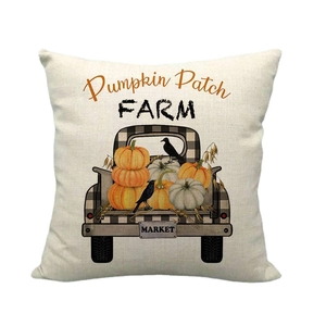 Housse de coussin Halloween en lin avec motif de camion de citrouilles et carreaux