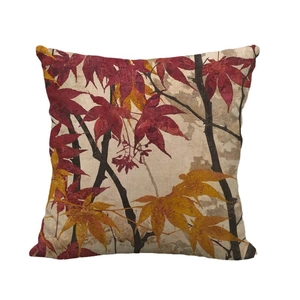 Linen autumn throw pillow cover featuring red and orange maple leaves on a beige background