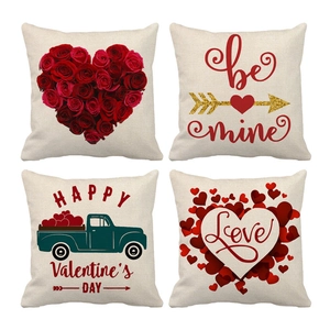 4er-Set Kissenbezüge aus Leinen zum Valentinstag mit roten Rosenherzen und Vintage-Truck