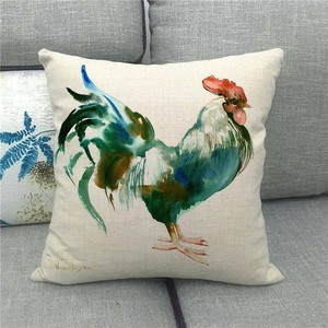 Country rooster watercolor linen pillowcase displayed on a grey sofa for home decor