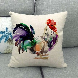 Pastoral watercolor rooster linen pillowcase on a gray sofa for home decoration