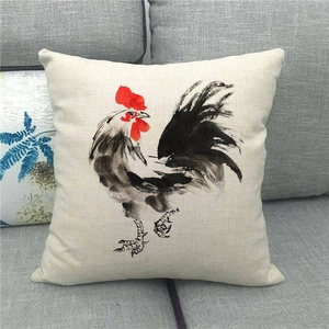 Detailed texture of linen pillowcase with artistic watercolor rooster print on grey sofa