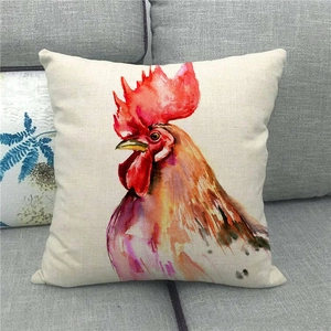 Close-up of watercolor rooster oil painting pattern on rustic linen throw pillow cover