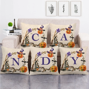 Federa per Cuscino in Lino con Stampa Lettere di Halloween Zucca Acquerello Pipistrello Cappello da Strega Quadrata per Divano