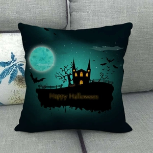 Halloween decorative linen pillowcase with moon and gothic castle design on grey sofa