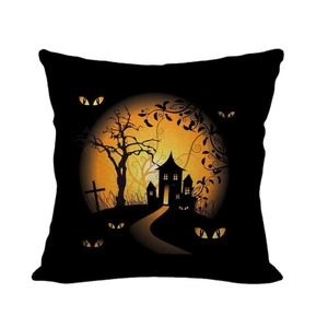 Halloween linen pillowcase with spooky tree and haunted house silhouette on black