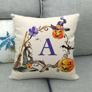 Fodera per cuscino Halloween con lettera A viola e zucca festiva su tessuto di lino