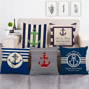 Anchor Nautical Theme Cushion Covers Linen Cotton Navy Stripes Sea Pattern Home Sofa Couch Decor Pillowcases