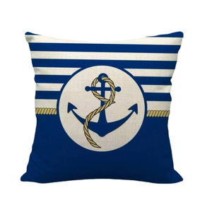 Minimalist nautical linen pillow cover with blue anchor and stripe patterns