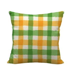 Minimalist linen pillow cover with yellow and green geometric plaid patterns on white