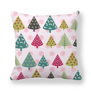Pink Christmas peach skin pillowcase featuring colorful festive tree patterns in a square shape