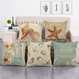 Nautical Ocean Theme Throw Pillow Cover Linen Sea Creature Starfish Shell Print Square Cushion Case For Home Sofa Decor