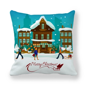Christmas peach skin pillow cover featuring a snowy town design and Merry Christmas text