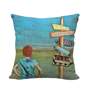 Artistic linen pillowcase featuring a minimalist painted person and vintage directional sign
