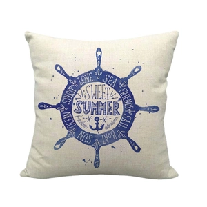 Minimalist nautical linen pillow cover with navy blue anchor and ship wheel design