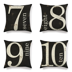 Set van vier vintage linnen kussenhoezen met de cijfers zeven tot tien in zwart en beige