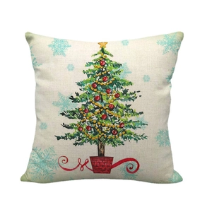 Linen Christmas tree throw pillow cover with red and gold ornaments on white background