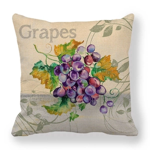 Detailed macro view of linen pillowcase with watercolor grape pattern and leaf textures