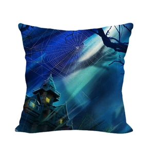 Blue starry Halloween linen pillow cover with haunted castle and spider web design