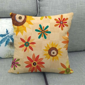 Linen sunflower throw pillow cover on grey sofa for Thanksgiving farmhouse home decor