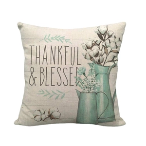 Housse de coussin en lin avec motif arrosoir floral et texte Thankful & Blessed