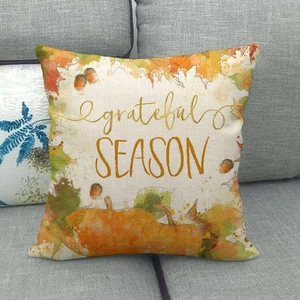 Housse de coussin Thanksgiving avec citrouille aquarelle et feuilles d'érable sur lin