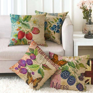 Vintage Farmhouse Linen Decorative Throw Pillow Case Fruit Strawberry Raspberry Blueberry Butterfly Pattern Square Cushion Cover Home Decor