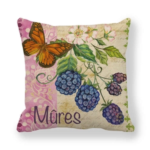 Detailed texture of linen cushion cover featuring vintage butterfly and berry illustration