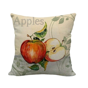 Modern linen pillowcase featuring a realistic apple illustration and green leaves