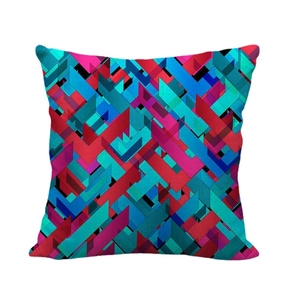 Linen cushion cover with colorful abstract geometric patterns on a white background