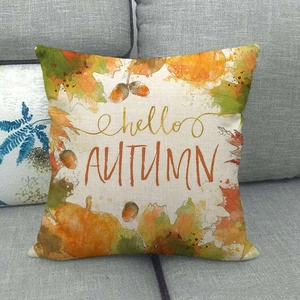 Housse de coussin en lin d'automne avec feuilles dorées, citrouilles et texte Hello Autumn