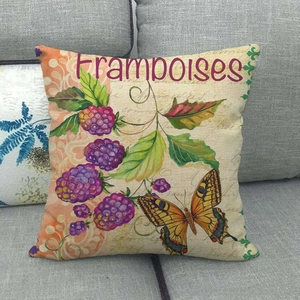 Linen pillowcase with vintage strawberry, berry and butterfly patterns for sofa decor