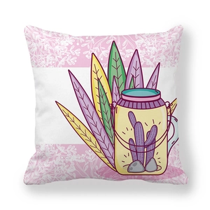 Cartoon glass bottle and floral peach skin pillowcase with a soft white fabric background