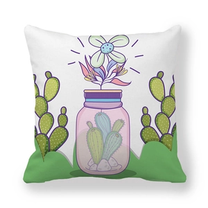 Peach skin throw pillow cover featuring purple bottle and cactus cartoon floral print