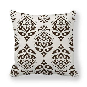 Elegant square pillow cover with brown damask pattern on beige peach skin fabric