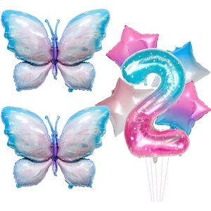 Detail set of starry butterfly balloons and gradient number 2 for birthday party decor