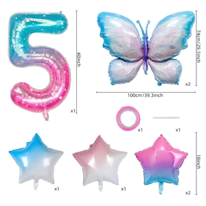 Detailed set of 40 inch gradient number 5 balloon with butterfly and star foil decor