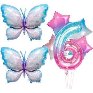 Detail of 40-inch starry butterfly wings and number 6 foil balloons set for birthday party