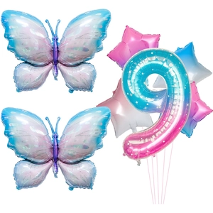 Starry gradient butterfly and number 9 foil balloons set for birthday party decor
