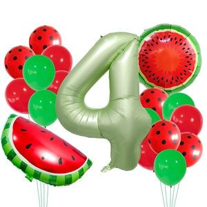 Kit de 4 cumpleaños tema sandía con globo número 4 verde y globos de látex de colores