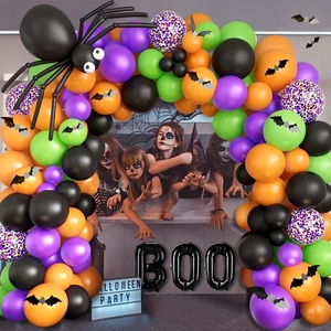 Halloween Balloon Garland Arch Kit Black Spider BOO Foil Balloon Bat Sticker Orange Purple Green Latex Party Decorations