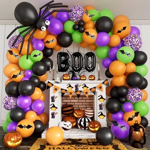 Halloween balloon arch kit with BOO letter balloons, spiders, and bats party decor