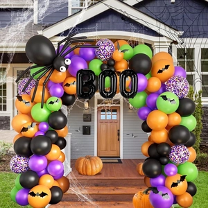 Halloween balloon arch kit with BOO letters, black spider balloon, and bat wall stickers