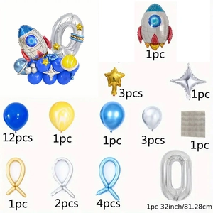 Space themed birthday decoration set with 32 inch silver number 0 and rocket balloon