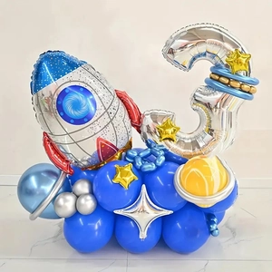 Astronaut space themed party balloon set with rocket and silver number 3 column decoration